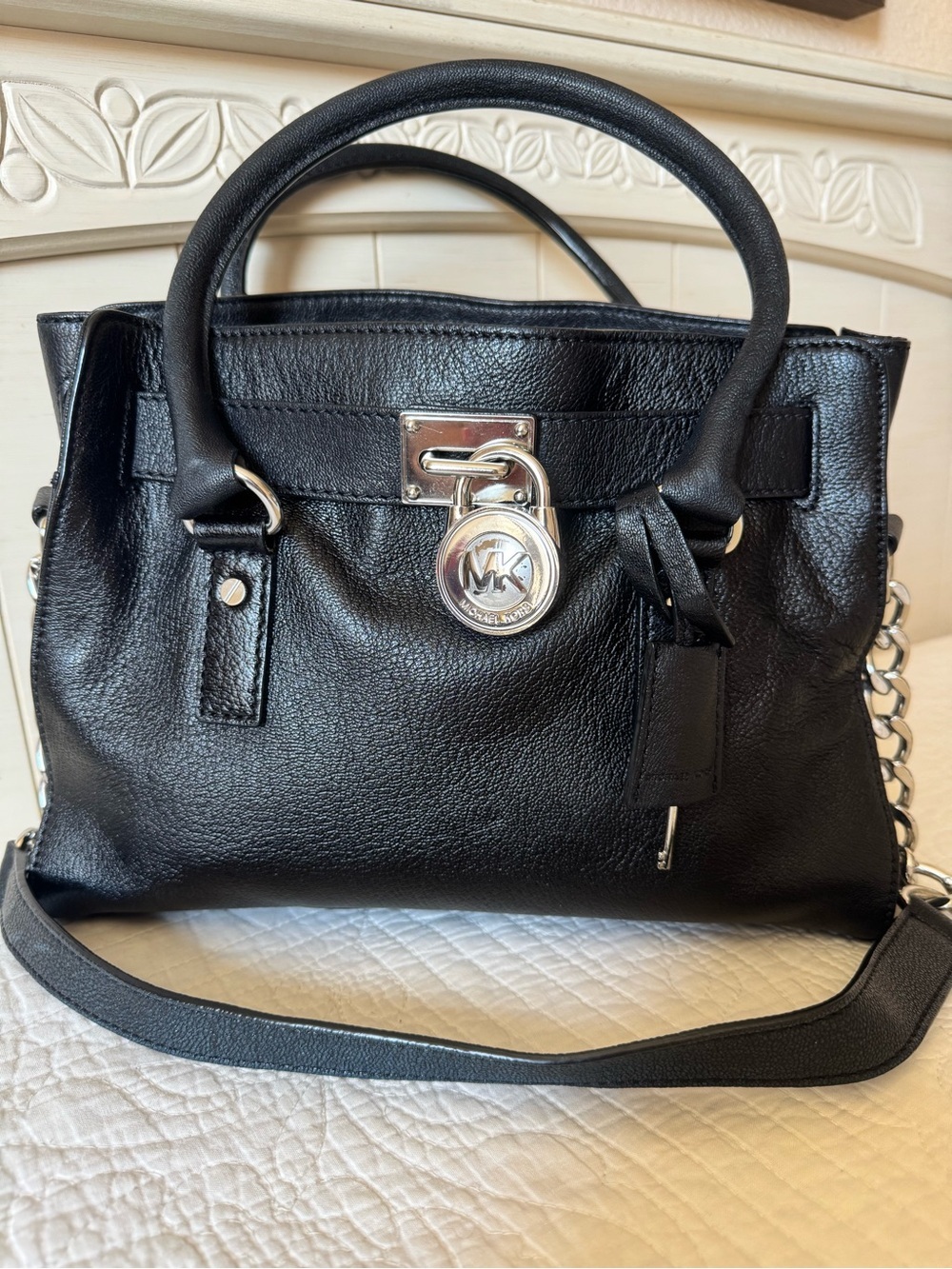Michael Kors Hamilton Black Leather Satchel with Signature MK Lock & Key